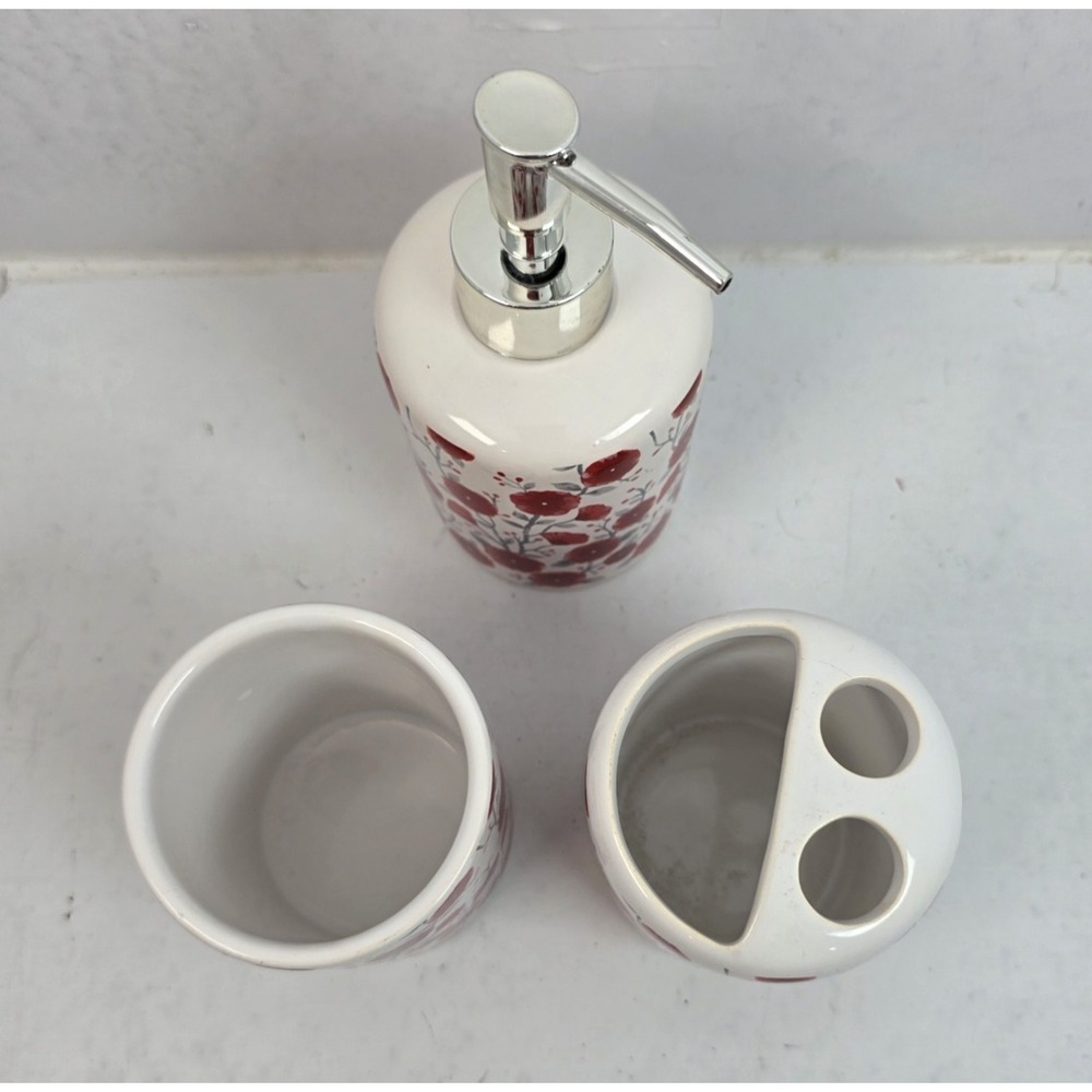 Modern Boho Ceramic Bathroom Accessories 3-Piece Set Red Floral Soap Dispenser - Picture 6 of 6